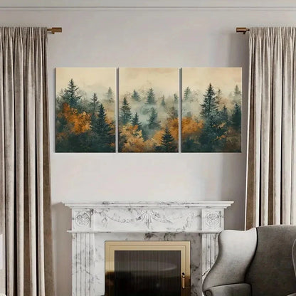 3pcs Misty Forest Silhouettes Autumn Colors Metal Print Ready to Hang Art