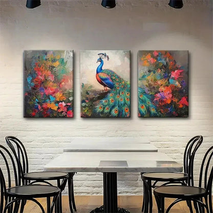3pcs Colorful Peacock and Floral Vibrant Metal Print Ready to Hang Art