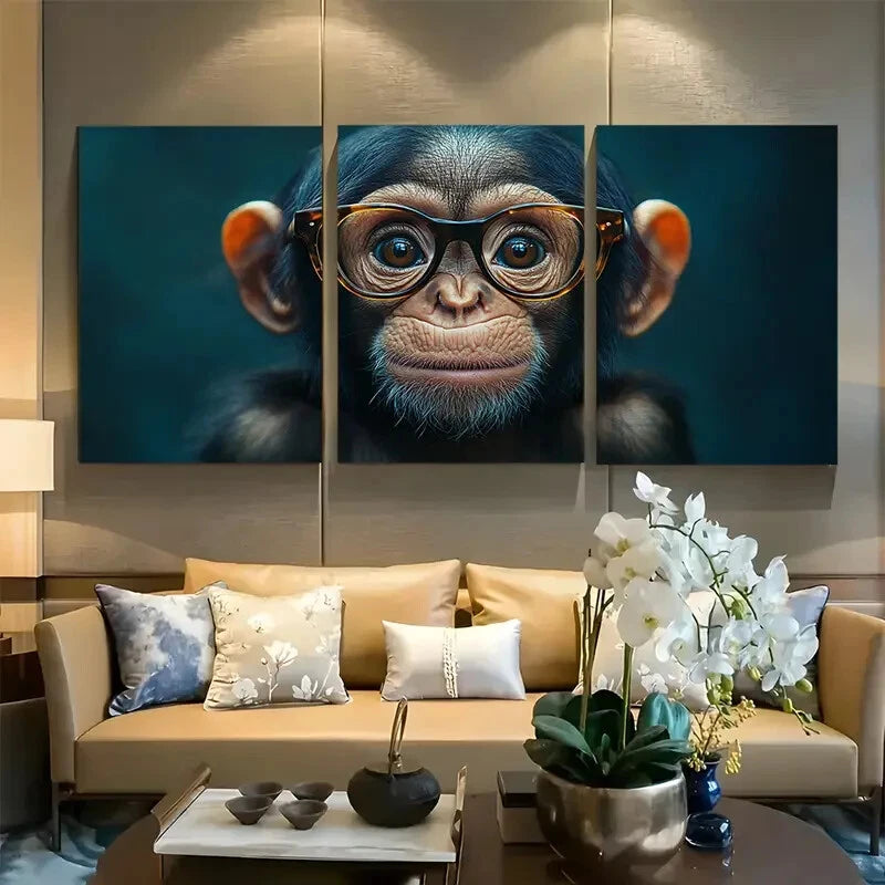 3pcs Cute Monkey with Glasses Design Metal Print Ready to Hang Art