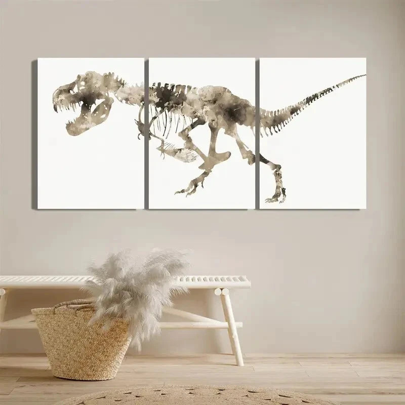 3pcs Dinosaur Skeleton Retro Graffiti Style Metal Print Ready to Hang Art
