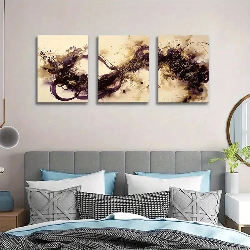 3pcs Abstract Golden and Purple Ink Swirl Metal Print Ready to Hang Art