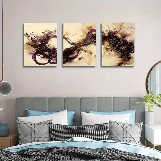 3pcs Abstract Golden and Purple Ink Swirl Metal Print Ready to Hang Art
