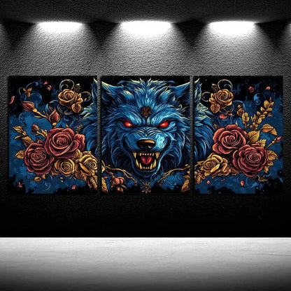 3pcs Wolf with Crown of Roses and Leaves Metal Print Ready to Hang Art