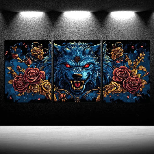 3pcs Wolf with Crown of Roses and Leaves Metal Print Ready to Hang Art