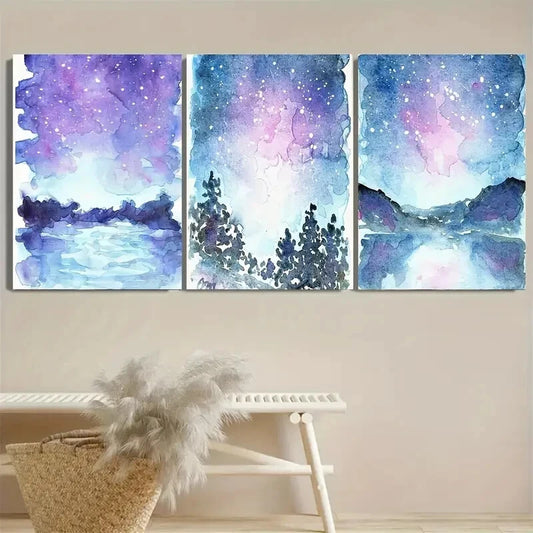 3pcs Vibrant Navy Blue Purple Starry Sky Landscape Metal Print Ready to Hang Art
