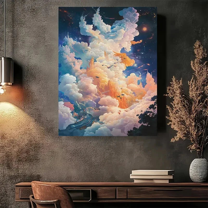 Beautiful Fantasy Cloudscape Vibrant Castle Painting 40x60cm Metal Print Ready to Hang