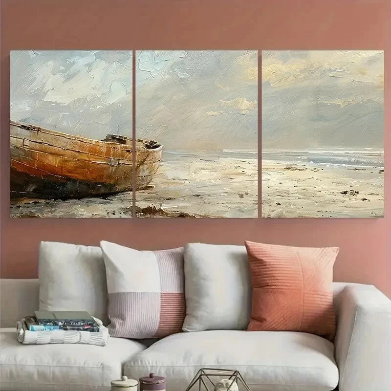 3pcs Lonely Wooden Boat on the Beach Impressionist Metal Print Ready to Hang Art
