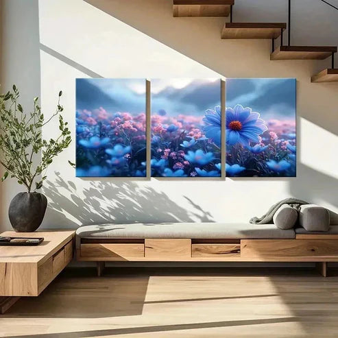 3pcs Blue Pink & Purple Wildflower Field Wall Art Canvas Unframed - High Quality Print 100% Australian Made Wall Canvas