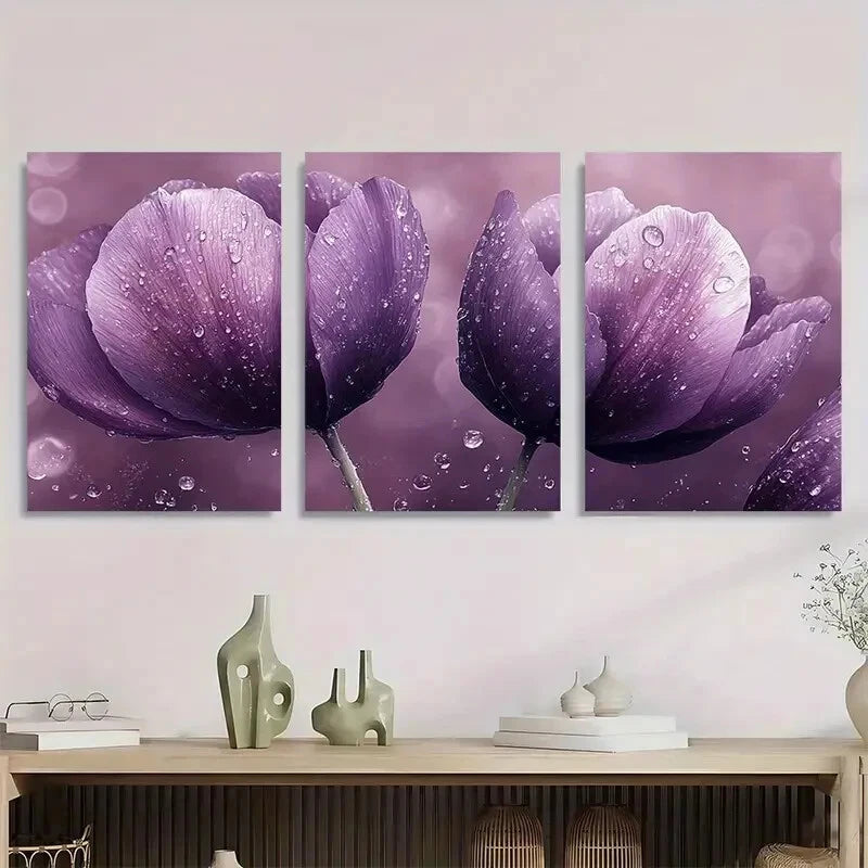 3pcs Vibrant Purple Tulip Watercolor Metal Print Ready to Hang Art