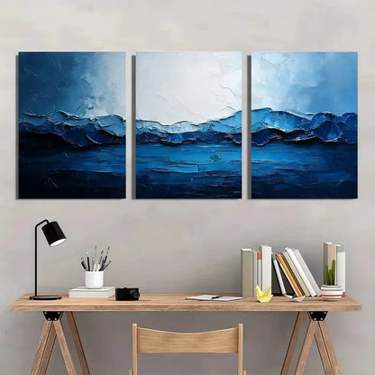 3pcs Texture Art Blue Abstract Knife Painting Metal Print Ready to Hang Art