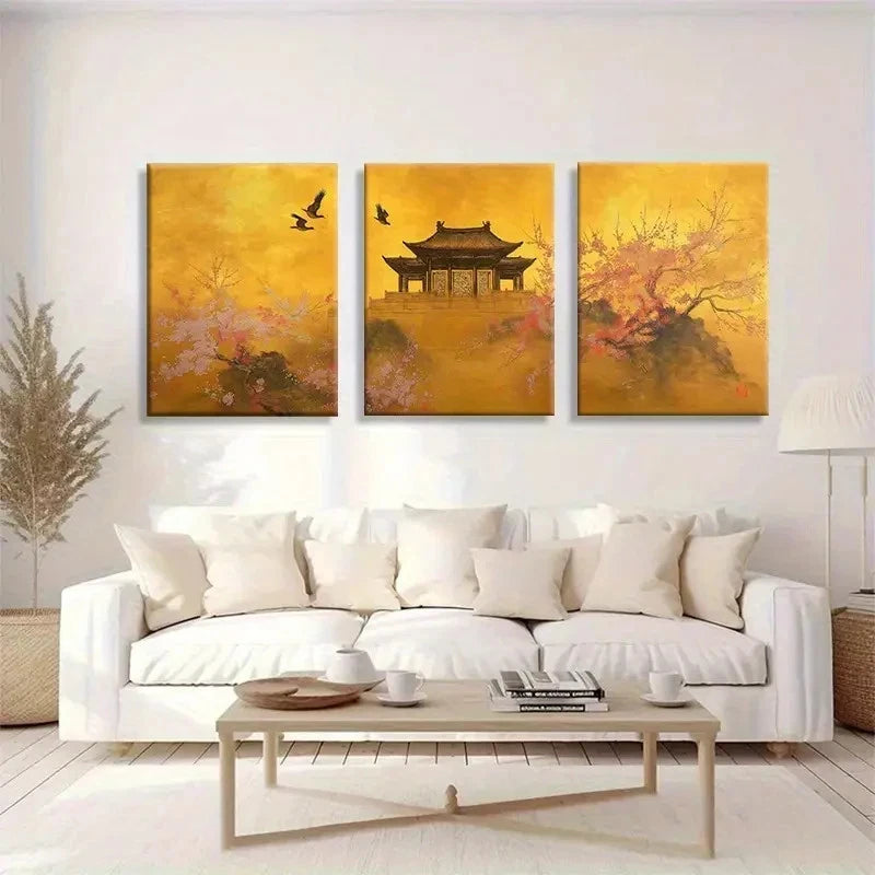 3pcs Oriental Architecture Blooming Cherry Blossom Metal Print Ready to Hang Art