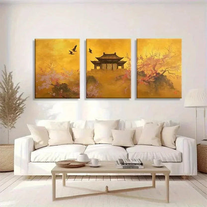 3pcs Oriental Architecture Blooming Cherry Blossom Metal Print Ready to Hang Art