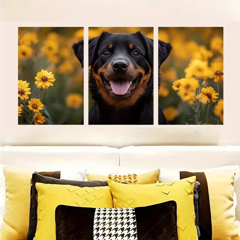 3pcs Happy Dog in Wildflower Field Metal Print Ready to Hang Art