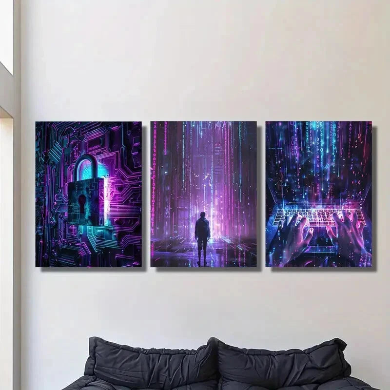 3pcs Computer digital world, program Metal Print Ready to Hang Art