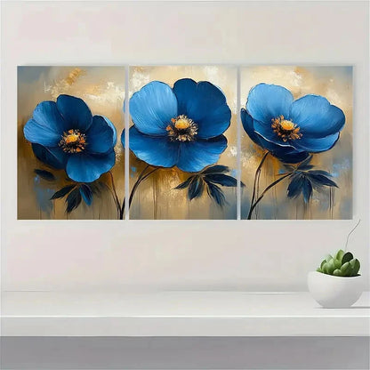 3pcs Abstract Blue Floral Flower Oil Painting Metal Print Ready to Hang Art