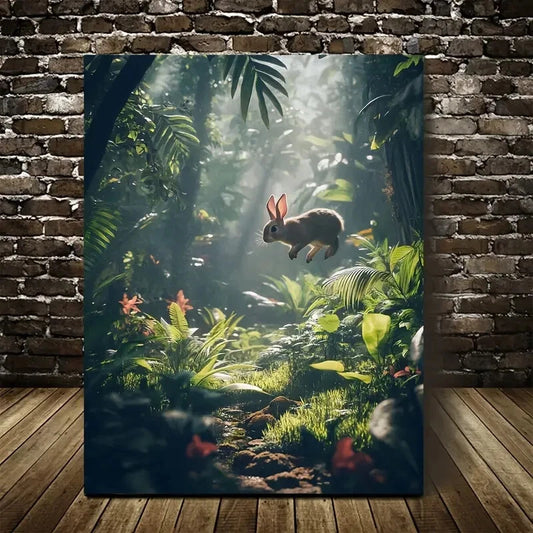 Dreamlike Jungle Scene with Joyful Rabbit 40x60cm Metal Print Ready to Hang