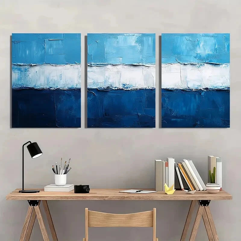 3pcs Blue and White Textured Abstract Metal Print Ready to Hang Art