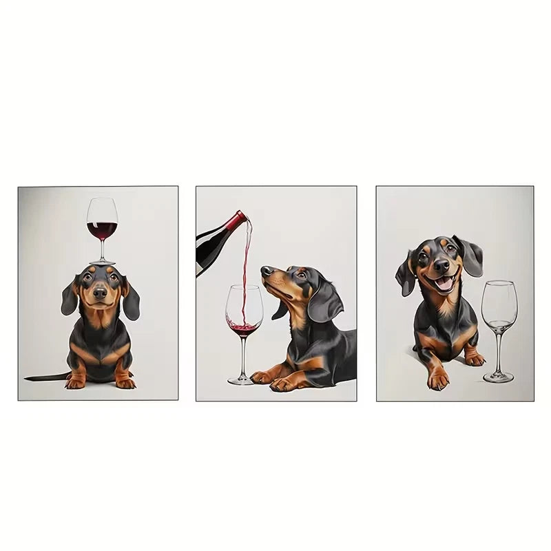 3pcs Sausage Dog Wine Series Wall Art Set Canvas Framed 40x60cm - High Quality Print 100% Australian Made Wall Canvas Ready to Hang