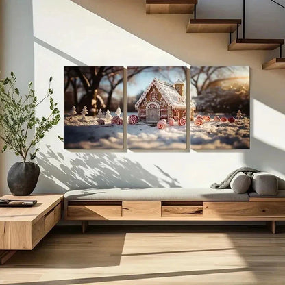 3pcs Christmas Winter Candy House Wall Art Set Canvas Framed 40x60cm - High Quality Print 100% Australian Made Wall Canvas Ready to Hang