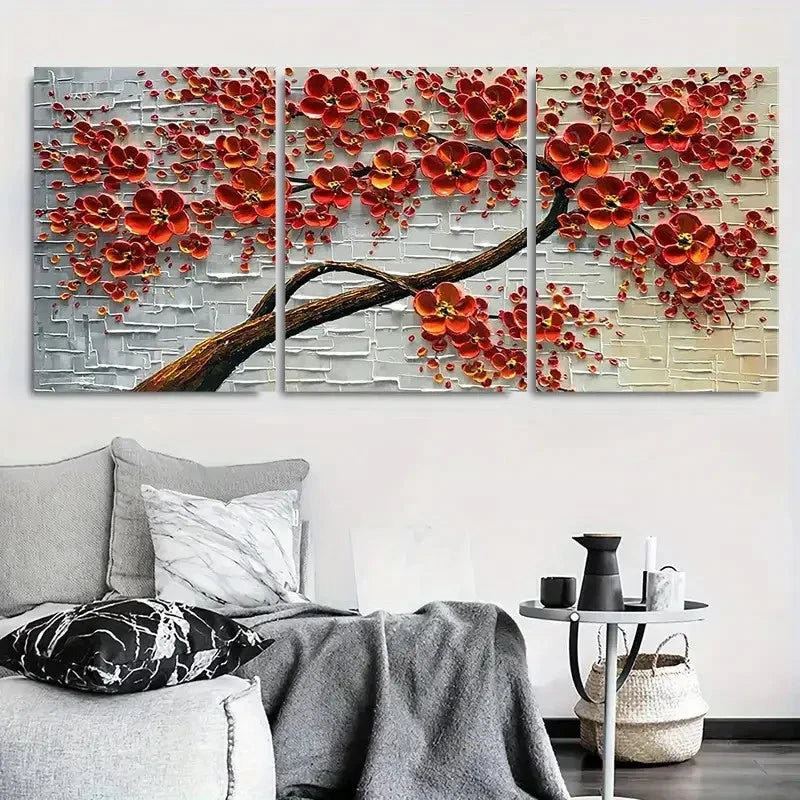 3pcs Red Floral Abstract Textured White Metal Print Ready to Hang Art