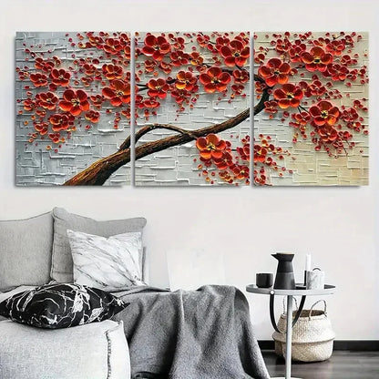3pcs Red Floral Abstract Textured White Metal Print Ready to Hang Art