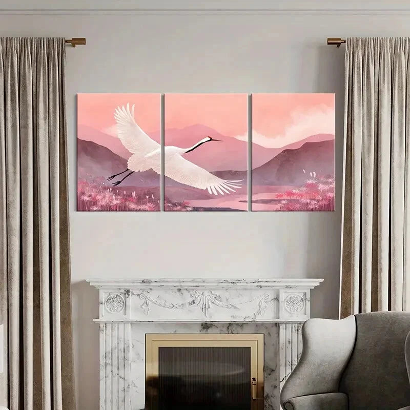 3pcs Elegant White Crane Mountain Landscape Pink Metal Print Ready to Hang Art