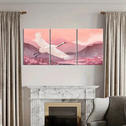3pcs Elegant White Crane Mountain Landscape Pink Metal Print Ready to Hang Art
