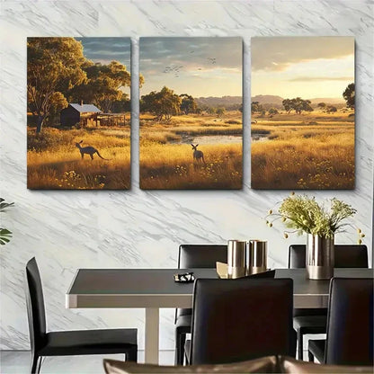 3pcs Grazing Kangaroos in Golden grasslands Wall Art Set Canvas Framed 50x70cm - High Quality Print 100% Australian Made Wall Canvas Ready to Hang