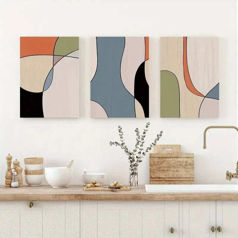 3pcs Designs in Shades ofOrange Blue Black & Green Metal Print Ready to Hang Art