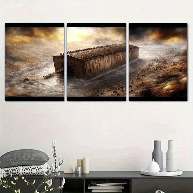 3pcs Boat Stormy Sea Scene with Figures Metal Print Ready to Hang Art