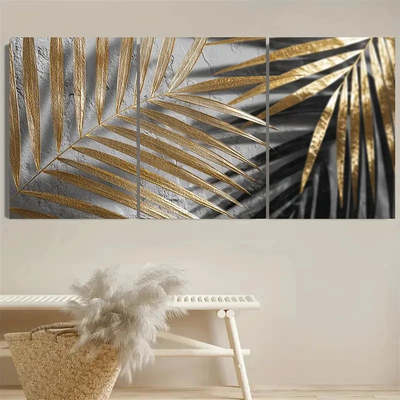 3pcs Golden Sun and Palm Leaf Tropical Wall Art Set Canvas Framed 50x70cm - High Quality Print 100% Australian Made Wall Canvas Ready to Hang