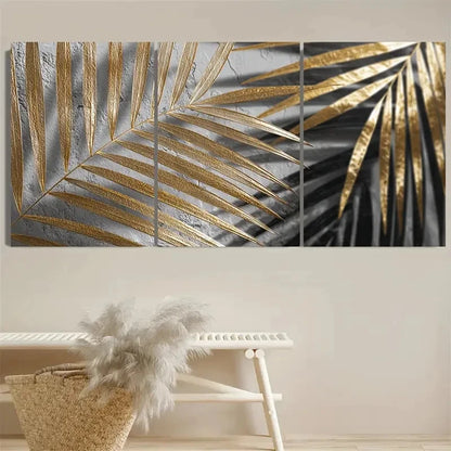3pcs Golden Sun and Palm Leaf Tropical Wall Art Set Canvas Framed 50x70cm - High Quality Print 100% Australian Made Wall Canvas Ready to Hang