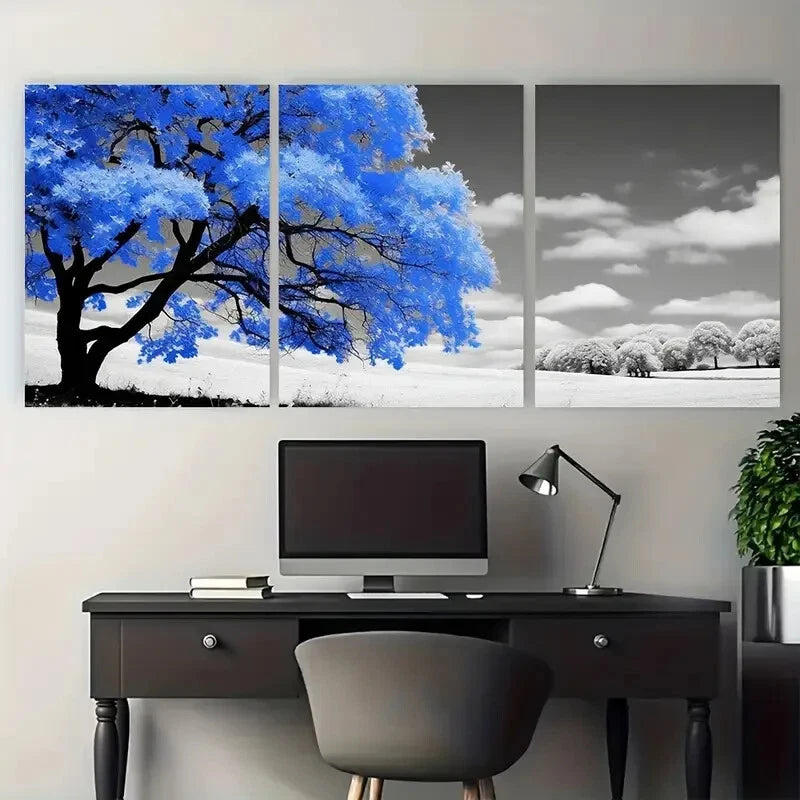 3pcs Blue Blossom Tree Nature Illustration Metal Print Ready to Hang Art