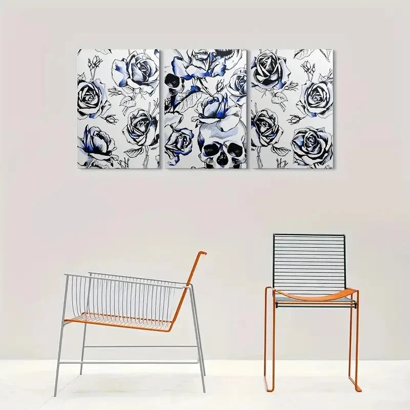 3pcs Blue and White Rose Skull Gothic Floral Metal Print Ready to Hang Art