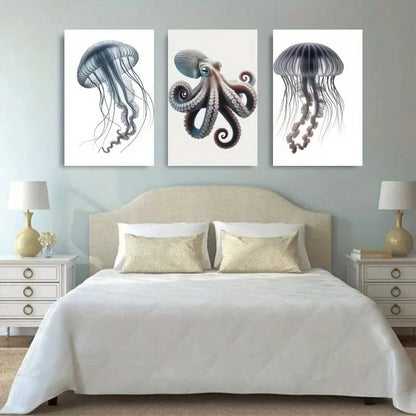 3pcs Octopus Jellyfish Decorations Painting Metal Print Ready to Hang Art