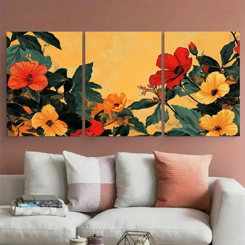 3pcs Vintage Moroccan Aesthetic Floral Design Wall Art Set Canvas Framed 50x70cm - High Quality Print 100% Australian Made Wall Canvas Ready to Hang