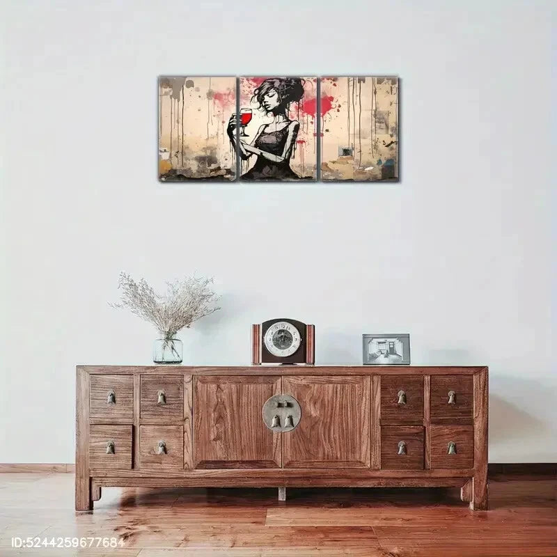 3pcs Lady Holding a Glass of Wine Vintage Street Metal Print Ready to Hang Art