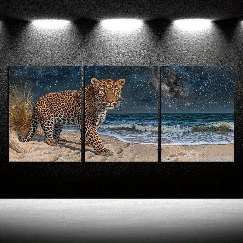 3pcs Leopards on the Beach Illustration Metal Print Ready to Hang Art