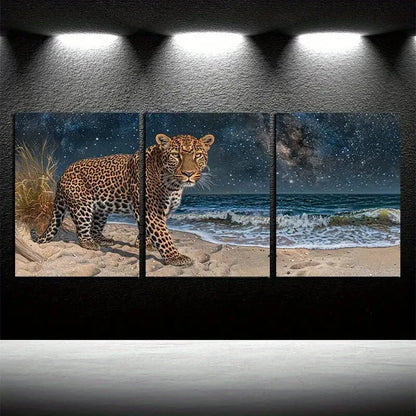 3pcs Leopards on the Beach Illustration Metal Print Ready to Hang Art