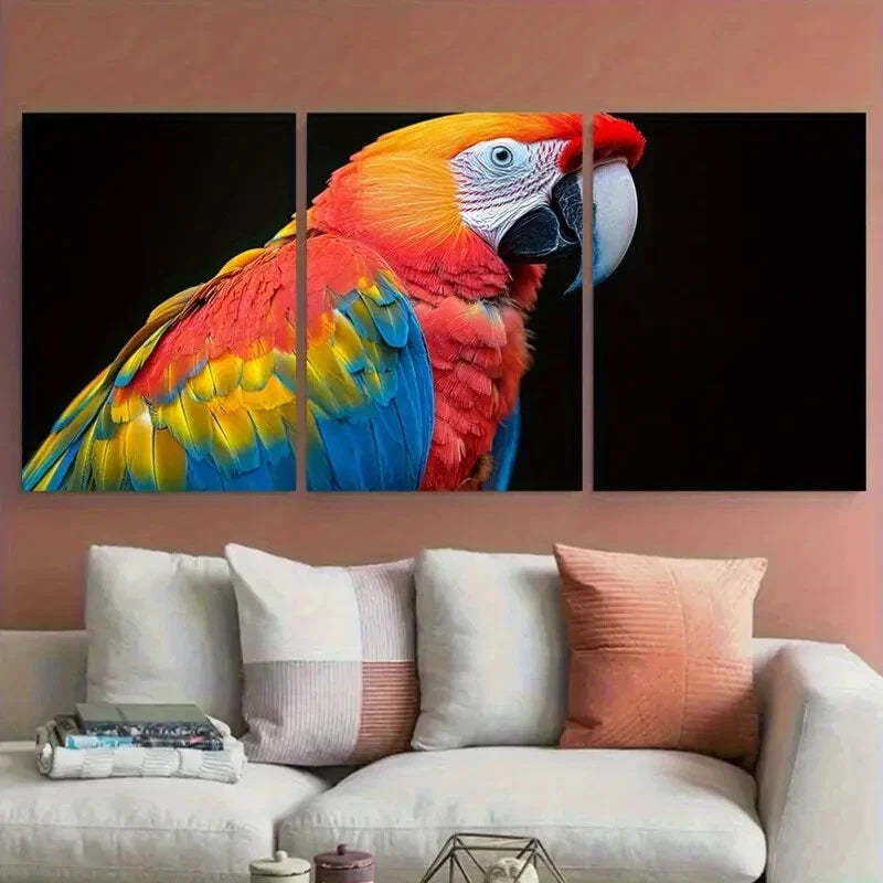 3pcs Scarlet Macaw Vibrant Rainbow Feathers Metal Print Ready to Hang Art