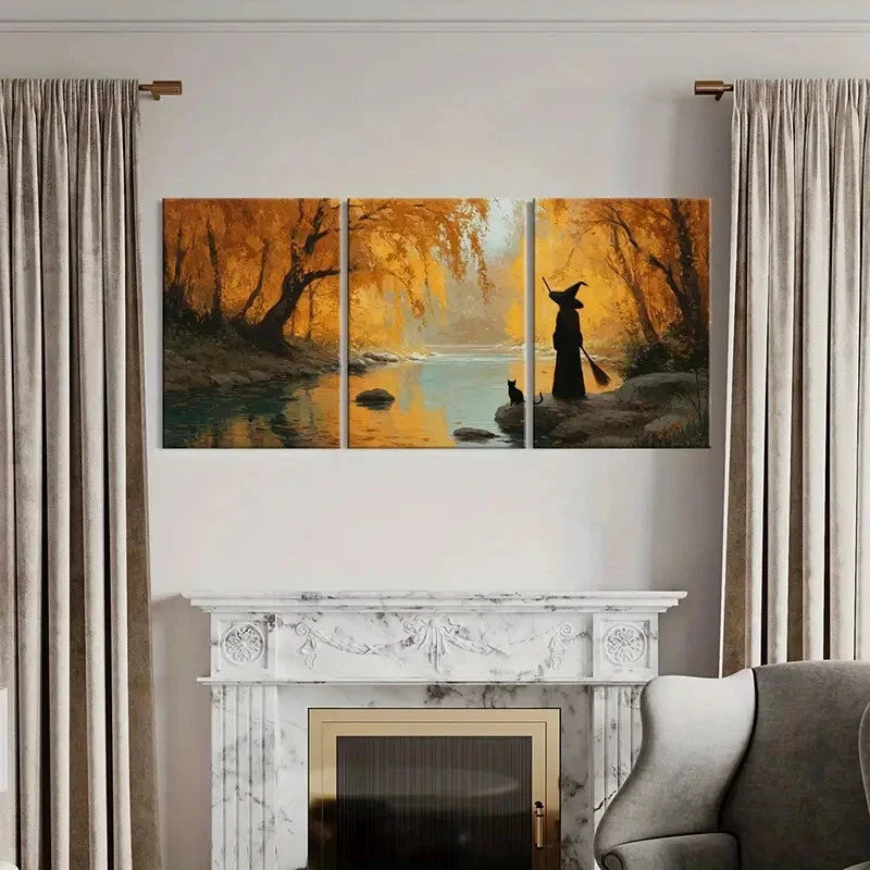 3pcs Autumn Forest Witch Cat River Landscape Metal Print Ready to Hang Art