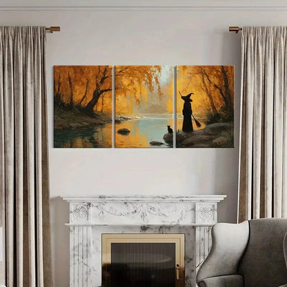 3pcs Autumn Forest Witch Cat River Landscape Metal Print Ready to Hang Art