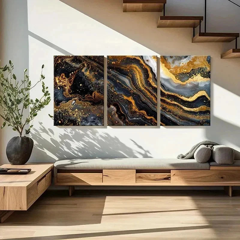 3pcs Simple And Elegant Gilt Marble Wall Art Set Canvas Framed 40x60cm - High Quality Print 100% Australian Made Wall Canvas Ready to Hang