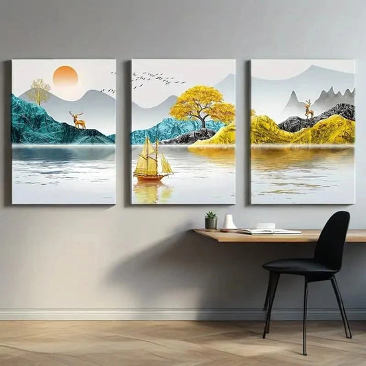 3pcs Abstract Landscape with Serene Water Metal Print Ready to Hang Art
