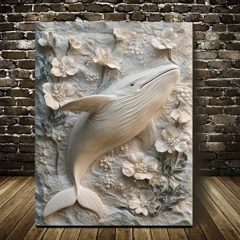 Featuring a Whale Surrounded by Floral Design Painting 40x60cm Metal Print Ready to Hang