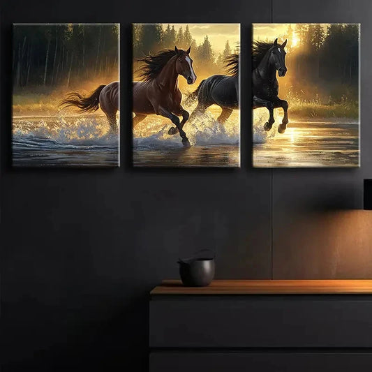 3pcs Sunset Horse Racing Scene Wall Art Set Canvas Framed 50x70cm - High Quality Print 100% Australian Made Wall Canvas Ready to Hang