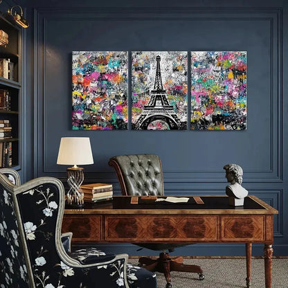 3pcs Eiffel Tower Vibrant Abstract Urban Graffiti Metal Print Ready to Hang Art