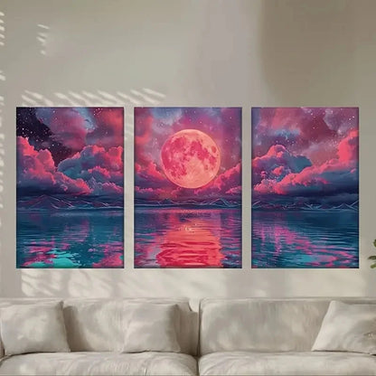 3pcs Full Moon Water Surface Metal Print Ready to Hang Art