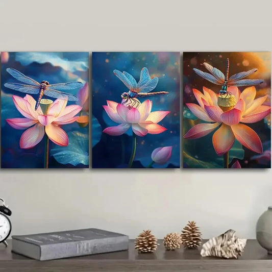 3pcs Featuring Dragonflies Resting on Lotus Metal Print Ready to Hang Art