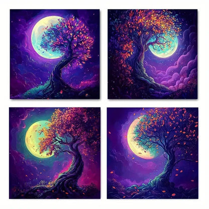 4pcs Dazzling leaves waves and the moonWall Art Canvas Framed